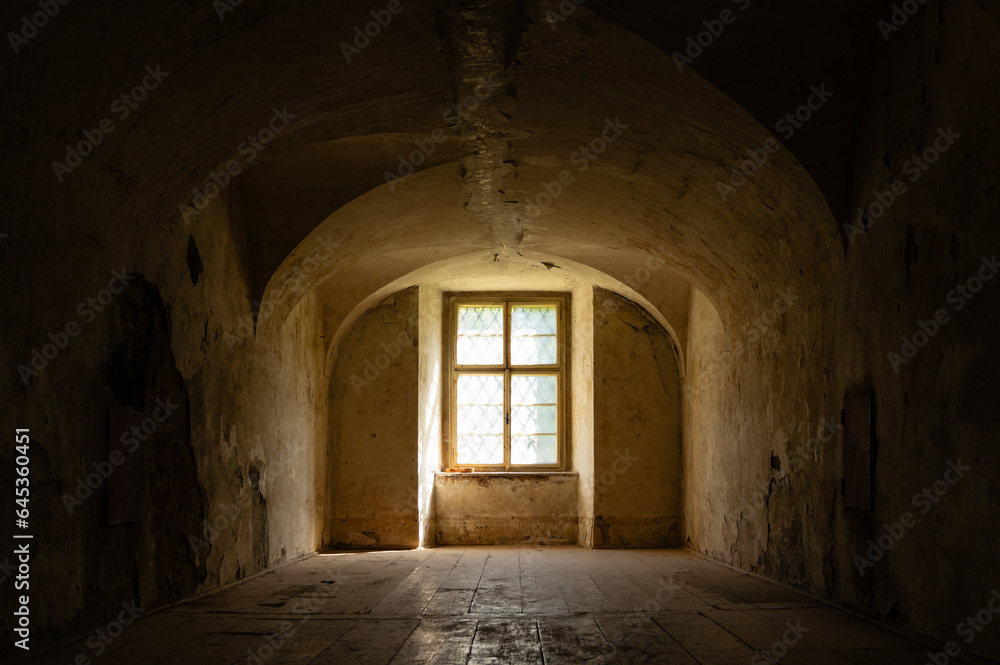 Abandoned baroque style room with window and wooden floor