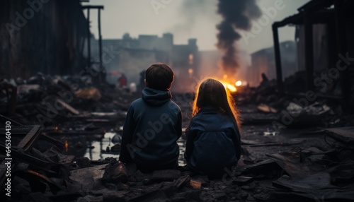 Orphan children play in a polluted landfill near a factory, a girl and a boy are against environmental pollution with garbage waste and emissions. Made in AI