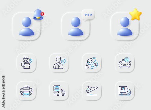 Valet servant, Plane and Taxi line icons. Placeholder with 3d star, reminder bell, chat. Pack of Food delivery, Petrol station, Car leasing icon. Delivery man pictogram. For web app, printing. Vector
