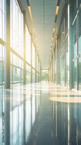 An empty hallway with large windows in a modern building