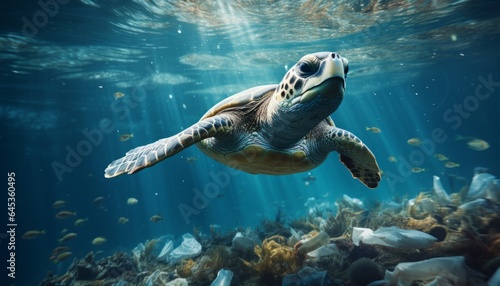 Pollution in the sea world of turtles, environmental problem with waste and garbage at the bottom of the sea. Made in AI