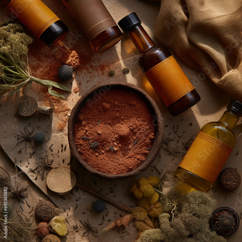 flat lay of spices on a wooden table, a bowl full of brown powder and glass bottles of product all around