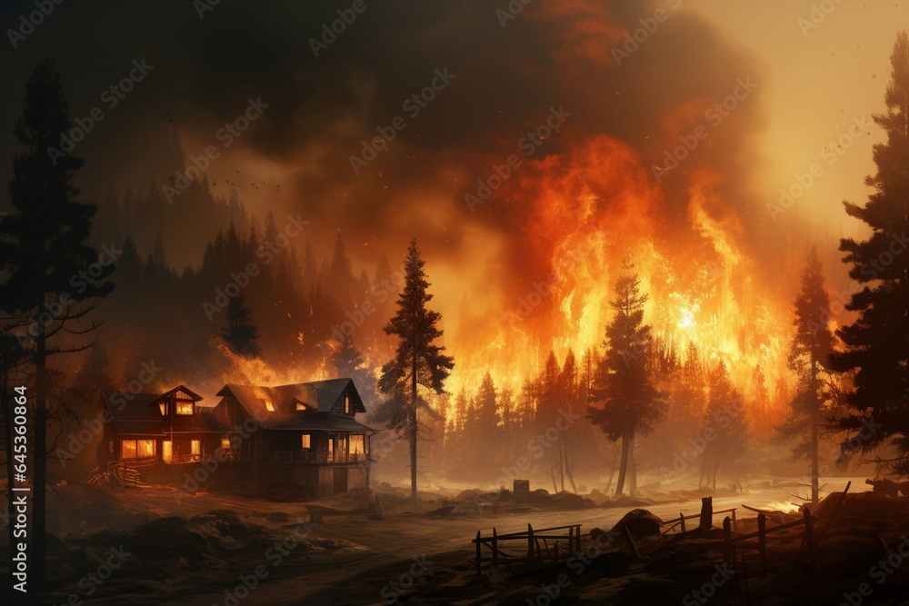 Forest fire engulfed rural houses. Natural disaster
