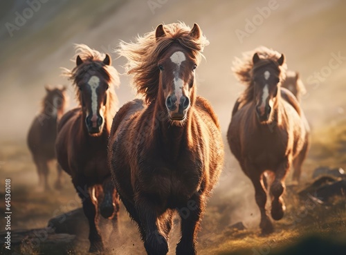 A group of galloping horses in the steppe