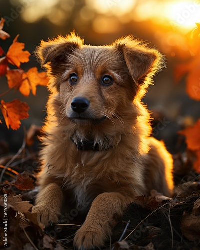 dog in Halloween in the woods surrounded by pumpkin lanterns © Daunhijauxx