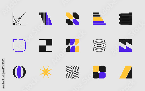 Set of vector, modern, abstract and geometric shapes and logos, influenced by brutalism.