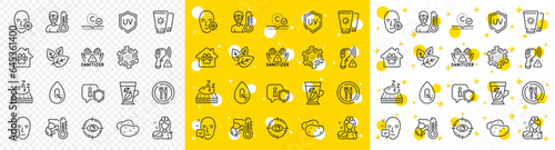 Outline Face accepted, Sunscreen and Eye target line icons pack for web with Potato, Sick man, Coronavirus line icon. Mint leaves, Thermometer, Pet shelter pictogram icon. Uv protection. Vector