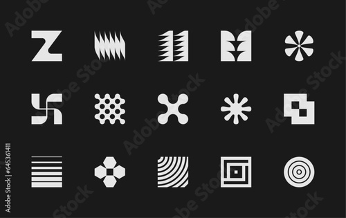 Set of vector, modern, abstract and geometric shapes and logos, influenced by brutalism.