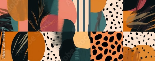 Hand drawn trendy geometric abstract print with leopard skin. Colorful modern collage pattern, Generative AI