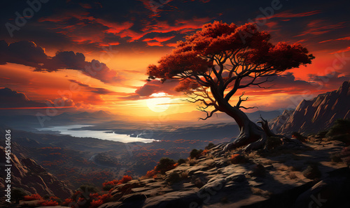 Tree in a mountain landscape in the light of the sun.