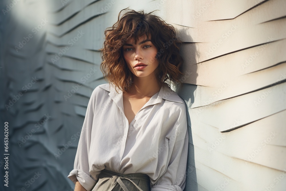 Fototapeta premium woman leaning against the wall posing in front of the camera