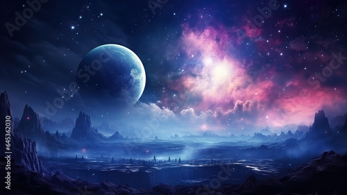 Planet sunrise in space  sci-fi concept  Bright color. Generative Ai
