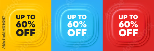 Up to 60 percent off sale. Neumorphic offer banners. Discount offer price sign. Special offer symbol. Save 60 percentages. Discount tag podium background. Product infographics. Vector