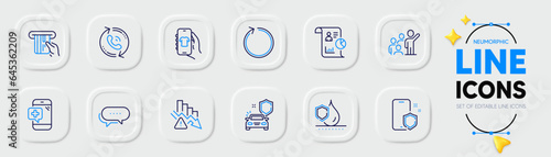 Waterproof, Dots message and Leadership line icons for web app. Pack of Report, Shop app, Call center pictogram icons. Medical phone, Phone protect, Credit card signs. Car secure, Loop. Vector