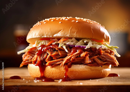 Tasty burger with shredded pork meat with barbeque sauce.Macro.AI Agenerative photo