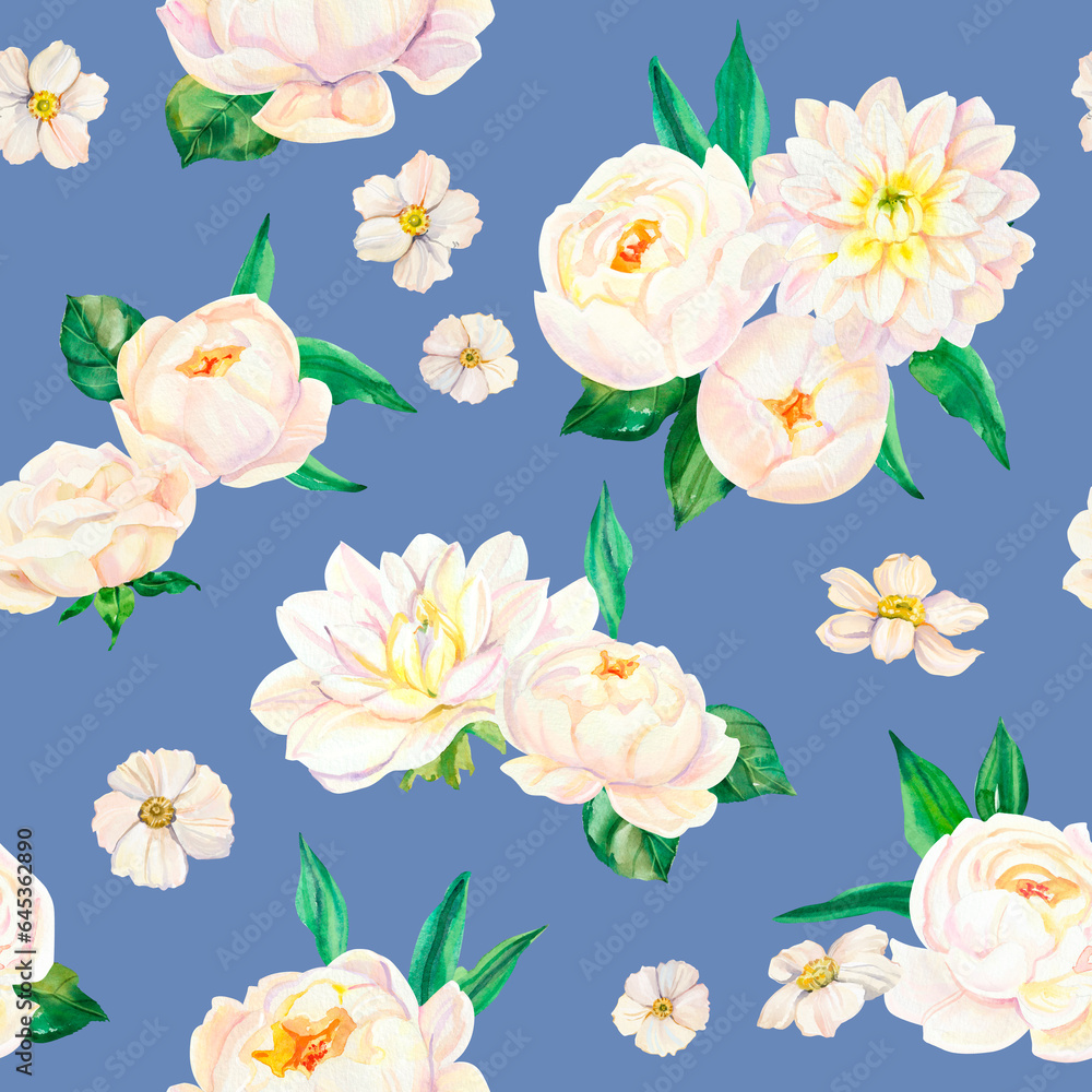 Watercolor white wedding peonies and ranunculus flowers seamless pattern. Hand painted realistic botanical illustration wallpaper for cards, wrapping paper and textile design