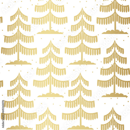 Christmas tree gold seamless pattern. Winter forest graphic Noel print, New year holidays golden decoration, background with fir tree, wallpaper, wrapping paper design, gift wrap.