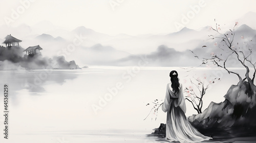 landscape with fog, woman standing , Ink landscape painting in Chinese style and watercolor landscape painting of gentle mountains