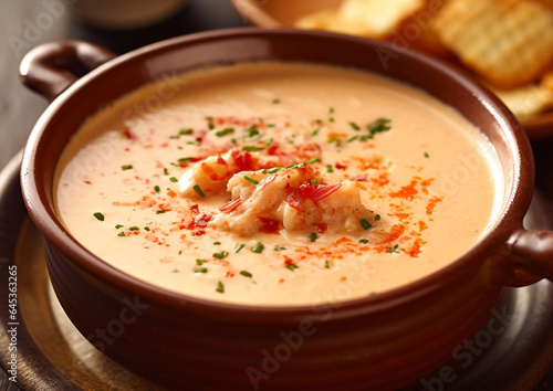 Creamy lobster and shrimps bisque traditional soup.Macro.AI Generative photo