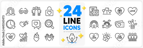 Icons set of For ever, Search love and Dating line icons pack for app with Rainbow, Heart, Love tickets thin outline icon. Inclusion, Wedding locker, Friendship pictogram. Heart flame. Vector