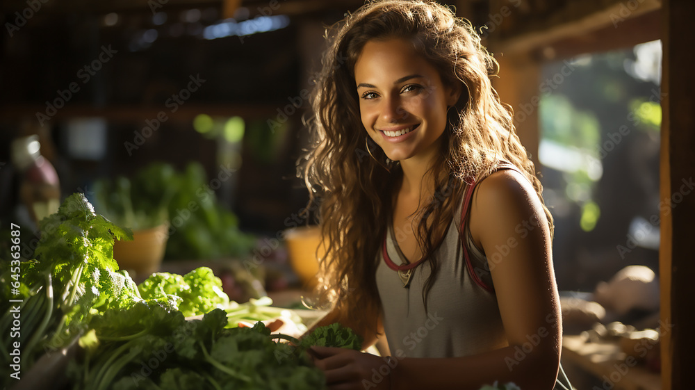 portrait of one beautiful woman at the market shopping sell vegetable portrait of one beautiful woman at the market shopping sell vegetable