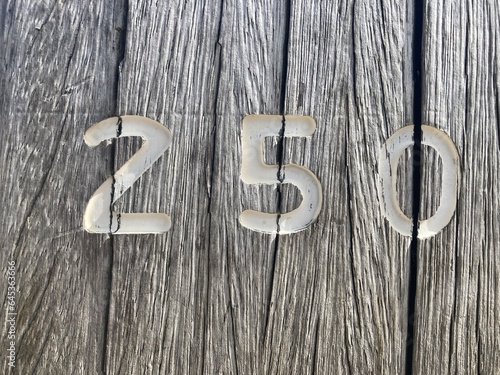 A white number 250 painted on a weathered wooden stake