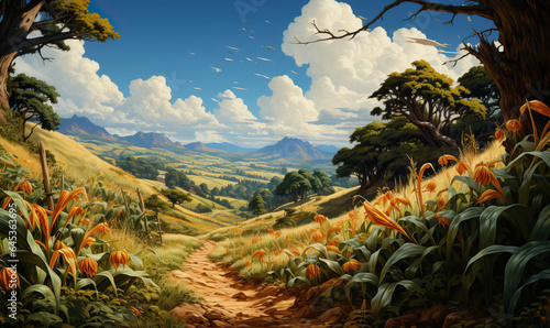 Illustration of a natural landscape on a sunny day.