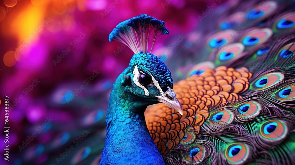 Obraz premium Colorful exotic background. Peacock background with bright purple and blue peacock feathers