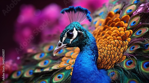 Colorful exotic background. Peacock background with bright purple and blue peacock feathers