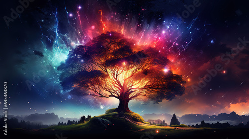 3d render of a tree on a grassy hill against a space sky with planets. Generative Ai