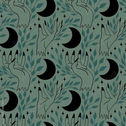 Hand drawn seamless pattern with witch hands moon phases in vertical line on dark green background. Astrology space cosmic witch witchcraft concept, astronomy moonlight night sky art, lumar planet photo