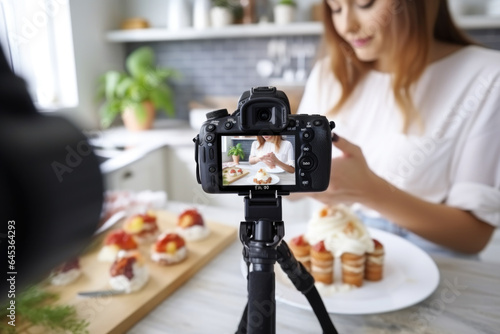 A young woman food blogger makes cake in front of smartphone camera while recording vlog video and live streaming at home in kitchen.
