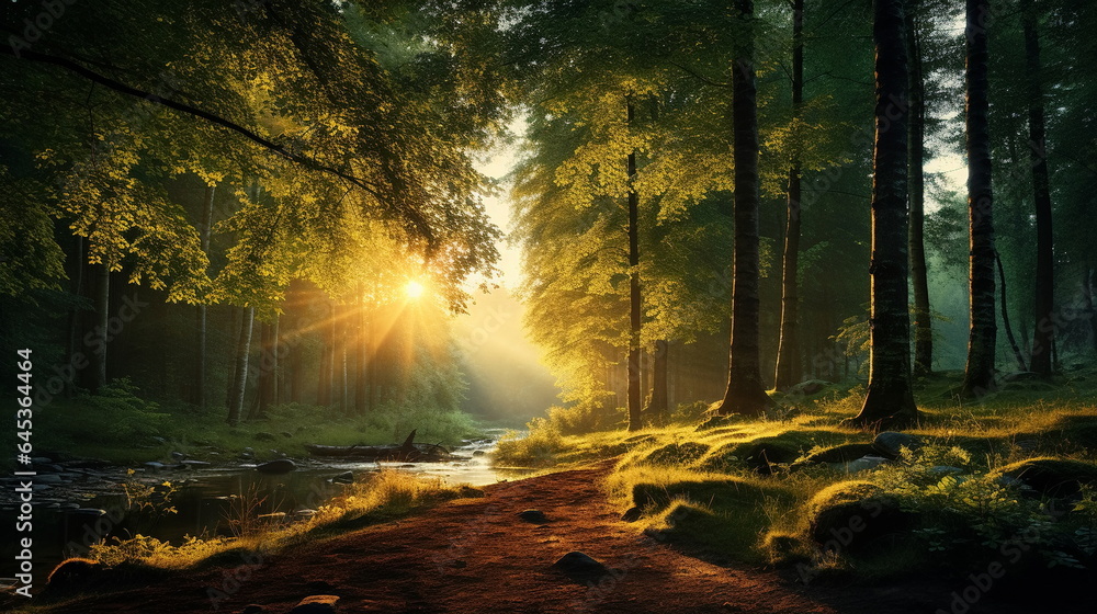 Fototapeta premium wild forest trees with sun ray on field and lake,river at sunset