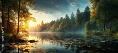 wild forest trees with sun ray on field and lake,river at sunset