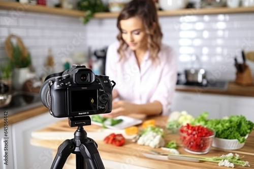 A young woman food blogger cooking salad in front of smartphone camera while recording vlog video and live streaming at home in kitchen.