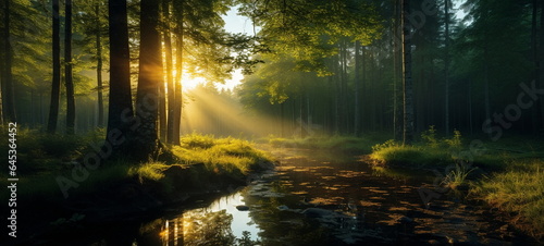 wild forest trees with sun ray on field and lake,river at sunset © Aleksandr