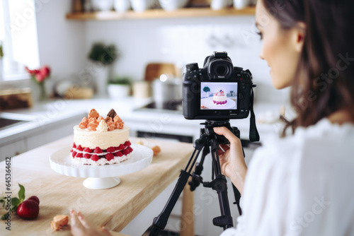  A young woman food blogger makes cake in front of smartphone camera while recording vlog video and live streaming at home in kitchen.