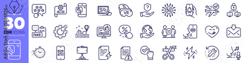 Discount button, Photo studio and Fake document line icons pack. Roller coaster, Phone repair, Bell alert web icon. Incoming mail, Power certificate, Like video pictogram. Selfie stick. Vector