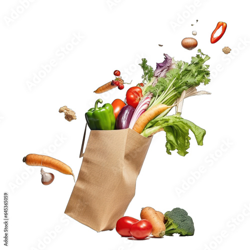 Fototapeta Naklejka Na Ścianę i Meble -  grocerries and vegetables, fruits shopping cart and paper bag	