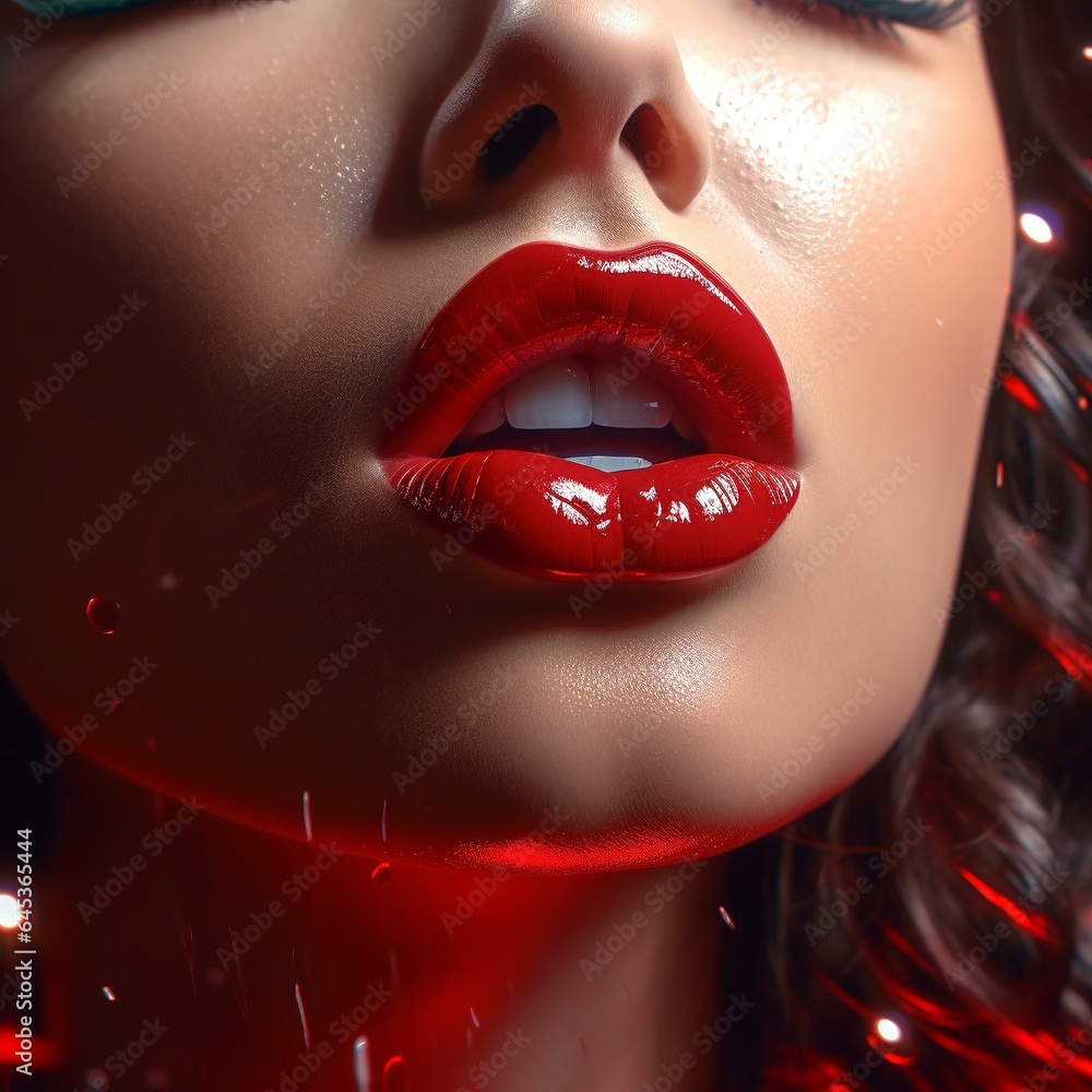 Obraz premium Close up red glossy lips of woman
