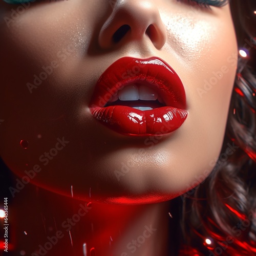 Close up red glossy  lips of woman
