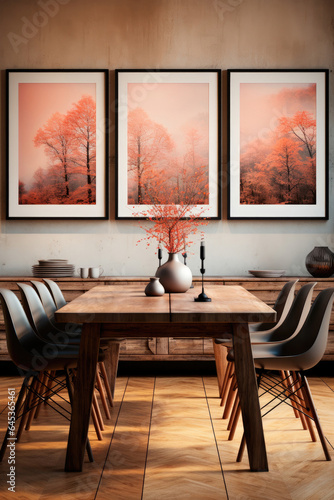 Wooden table with chairs and posters on the wall in the Scandinavian living room