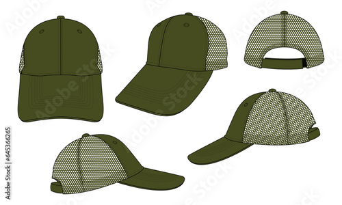 Military Green Mesh Baseball Cap With Adjustable Hook-Loop Strap Back Template on White Background
