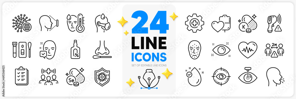 Icons set of Fever, Blood and Coronavirus line icons pack for app with Face id, Alcohol free, Selenium mineral thin outline icon. Checklist, Face accepted, Heartbeat pictogram. Vector