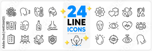 Icons set of Fever, Blood and Coronavirus line icons pack for app with Face id, Alcohol free, Selenium mineral thin outline icon. Checklist, Face accepted, Heartbeat pictogram. Vector