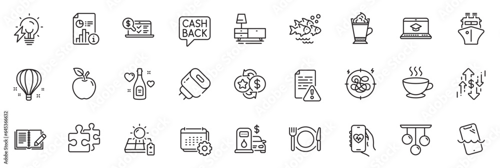 Icons pack as Dresser, Website education and Ship line icons for app include Charging adapter, Report, Loyalty points outline thin icon web set. Filling station, Fish school. Vector