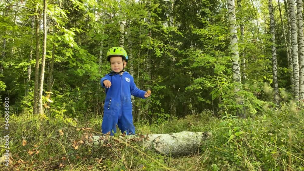 little boy holding mushroom in summer forest, toddler child in safety helmet with balance bike little boy holding mushroom in summer forest, toddler child in safety helmet with balance bike