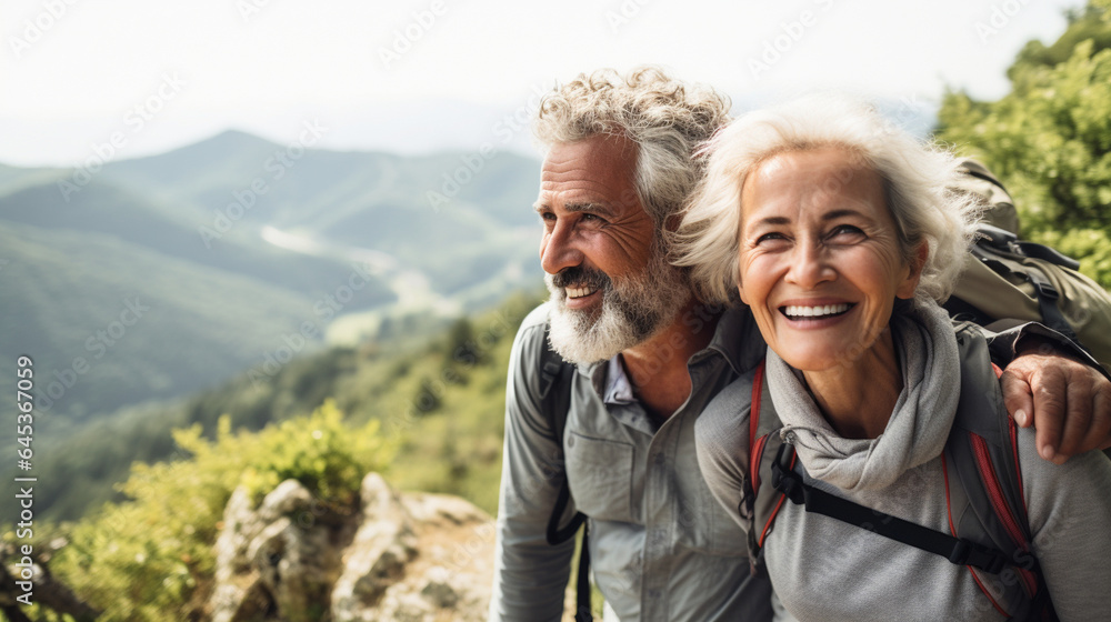 A senior couple hiking up a mountain trail, taking in breathtaking views along the way, elderly couples A senior couple hiking up a mountain trail, taking in breathtaking views along the way, elderly couples