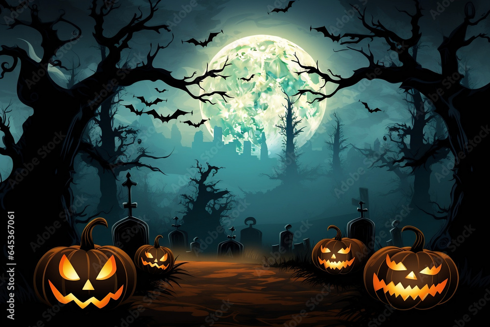 Halloween wallpaper or scary background. Mystical and magical Halloween backdrop with pumpkins, Jack-o-Lantern, festive template. Halloween nignt in dark forest. Halloween wallpaper or scary background. Mystical and magical Halloween backdrop with pumpkins, Jack-o-Lantern, festive template. Halloween nignt in dark forest.