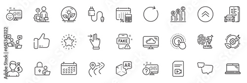 Icons pack as Annual tax, Fingerprint research and Charging cable line icons for app include Green energy, Augmented reality, Online voting outline thin icon web set. Lock, Inspect. Vector
